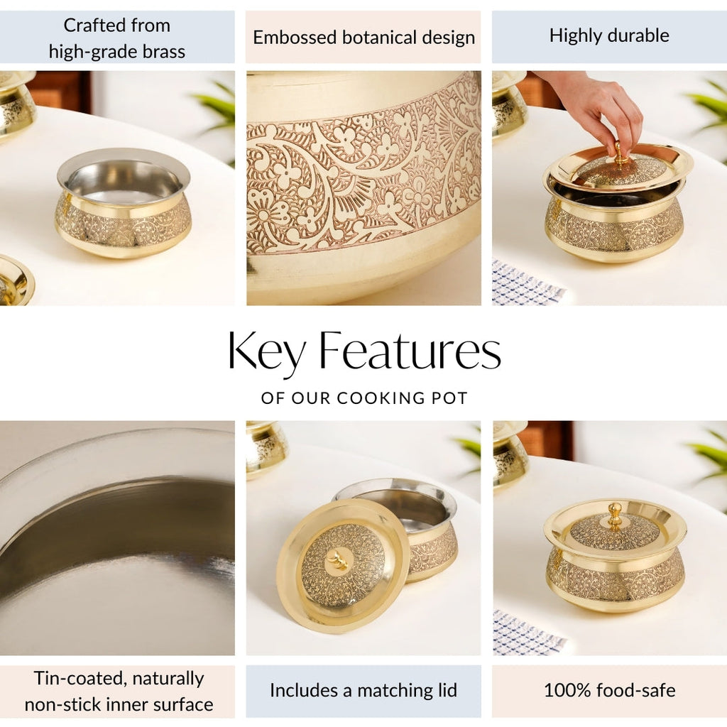 Embossed Pure Brass Handi Cooking Pot With Lid 1600ml