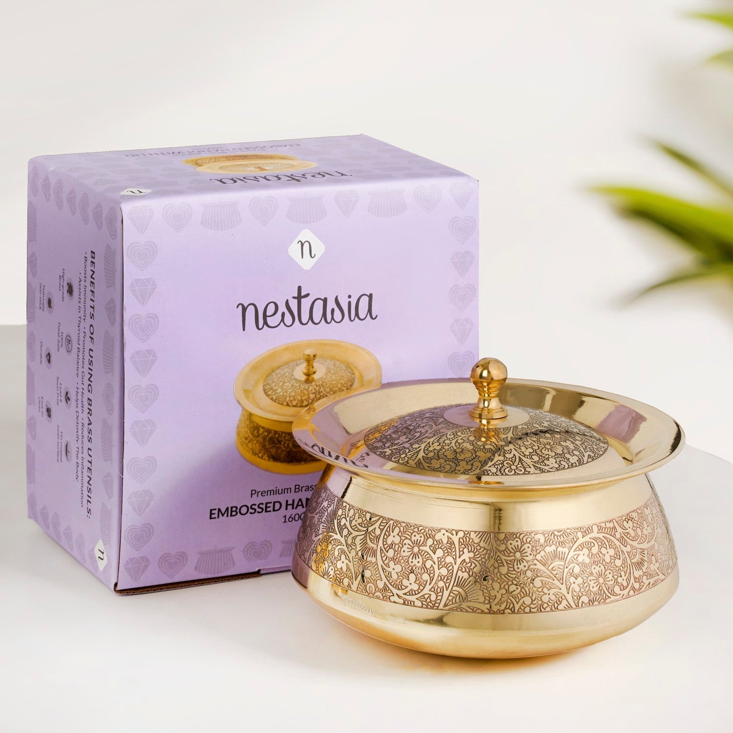 Embossed Pure Brass Handi Cooking Pot With Lid 1600ml