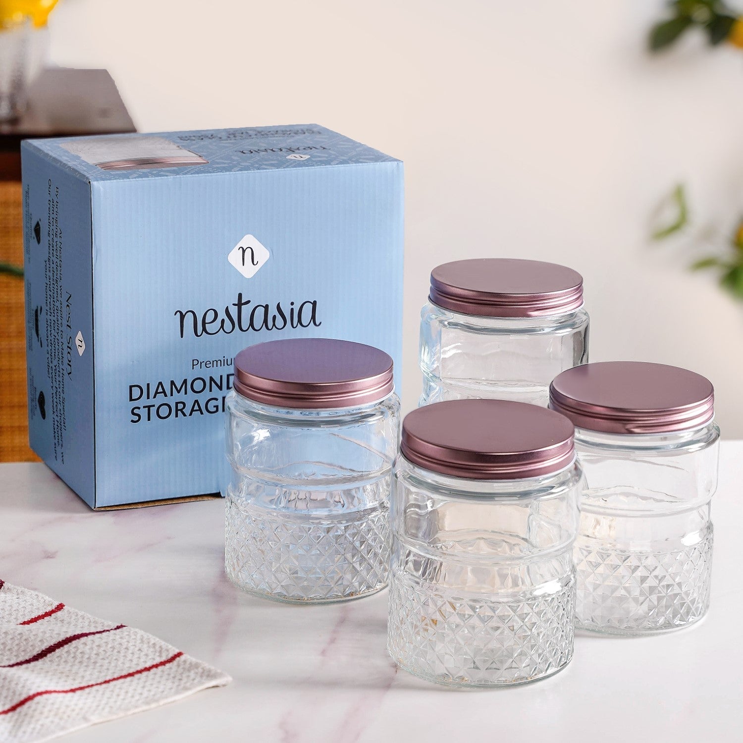 Embossed Glass Jar With Airtight Lid Set Of 4 750ml