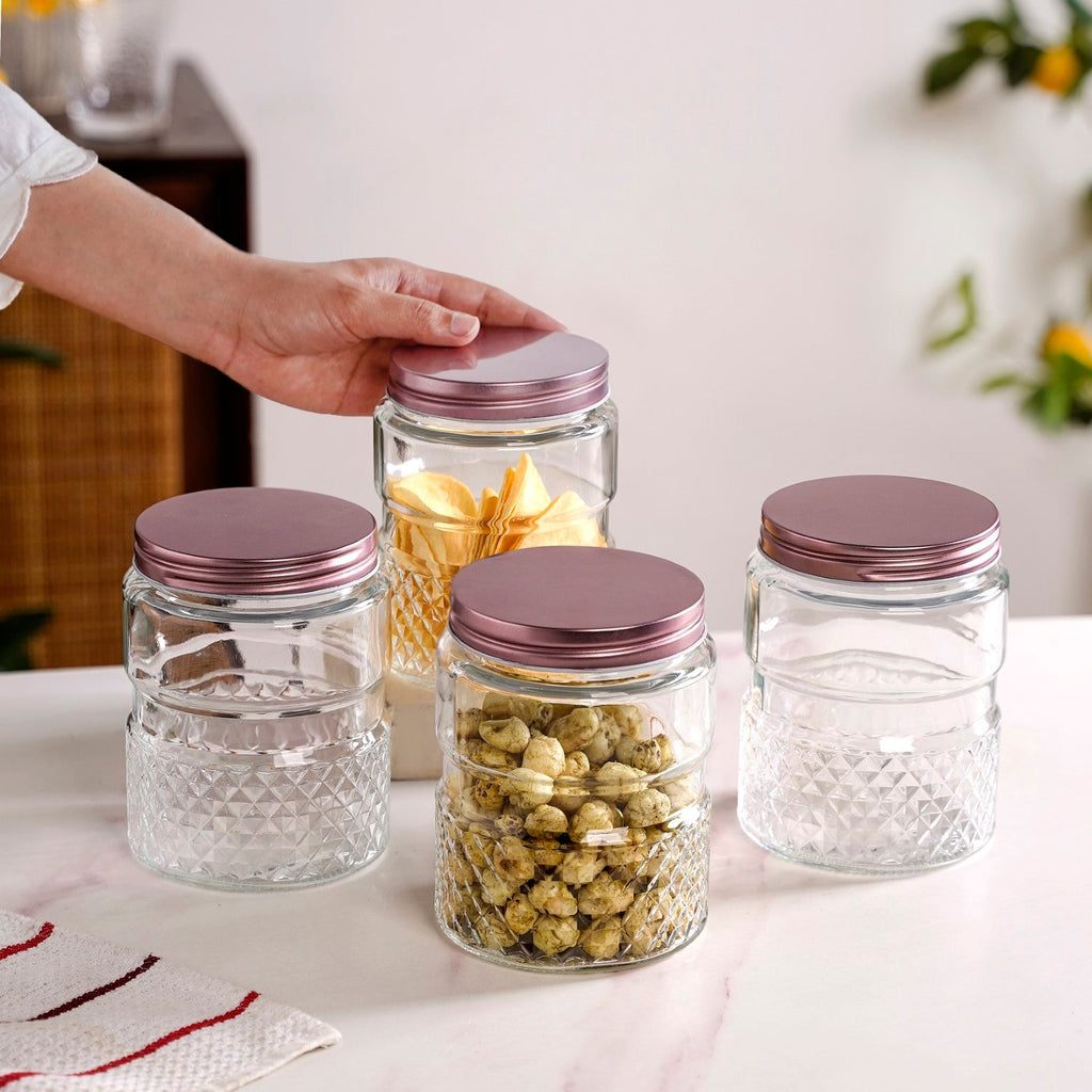 Embossed Glass Jar With Airtight Lid Set Of 4 750ml