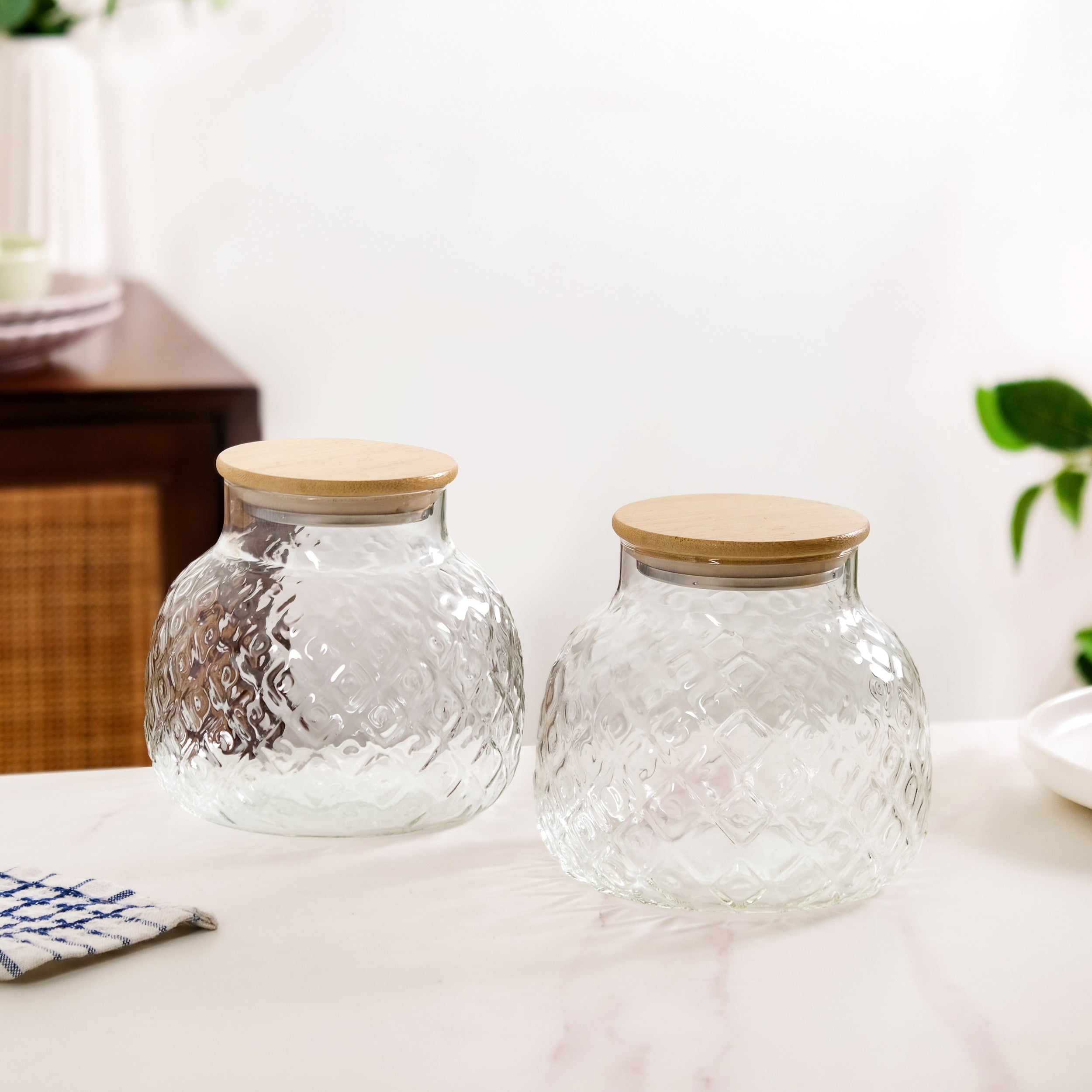 Embossed Glass Jar With Bamboo Lid Set Of 2 1200ml