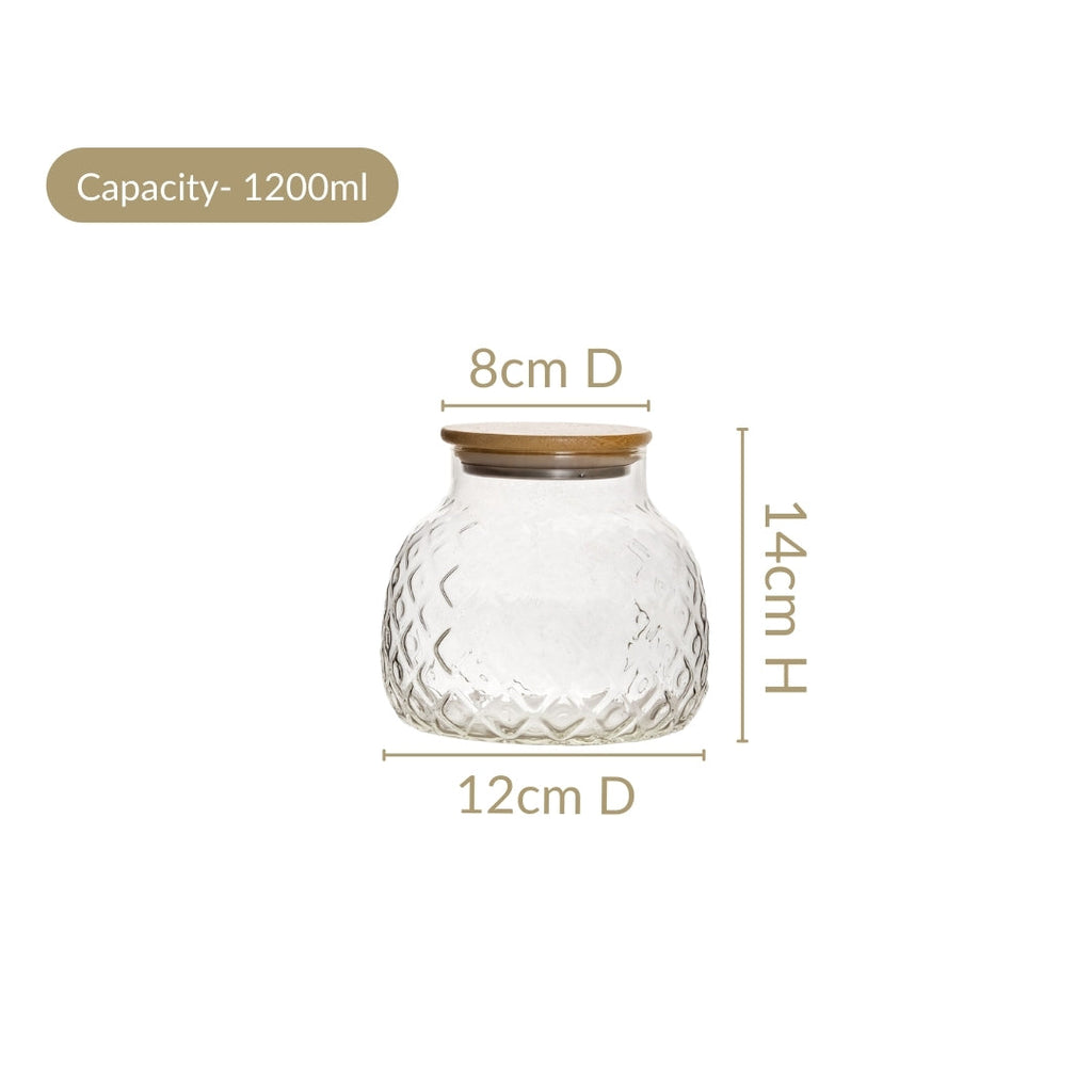 Embossed Glass Jar With Bamboo Lid Set Of 2 1200ml
