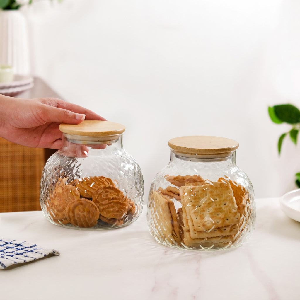 Embossed Glass Jar With Bamboo Lid Set Of 2 1200ml