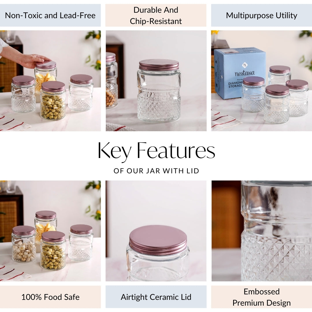 Embossed Glass Jar With Airtight Lid Set Of 4 750ml