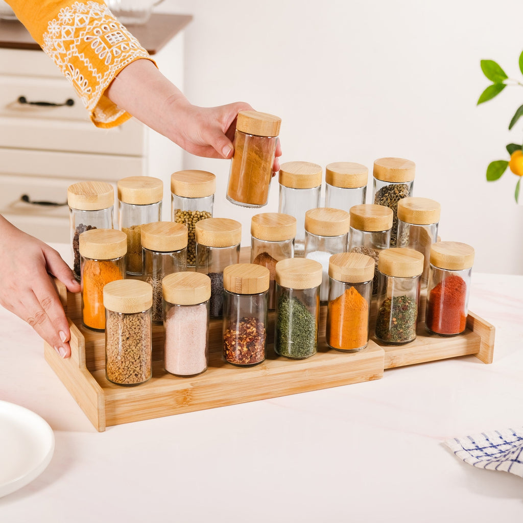 Airtight Spice Jars Set Of 21 With Expandable Wooden Kitchen Organiser Rack