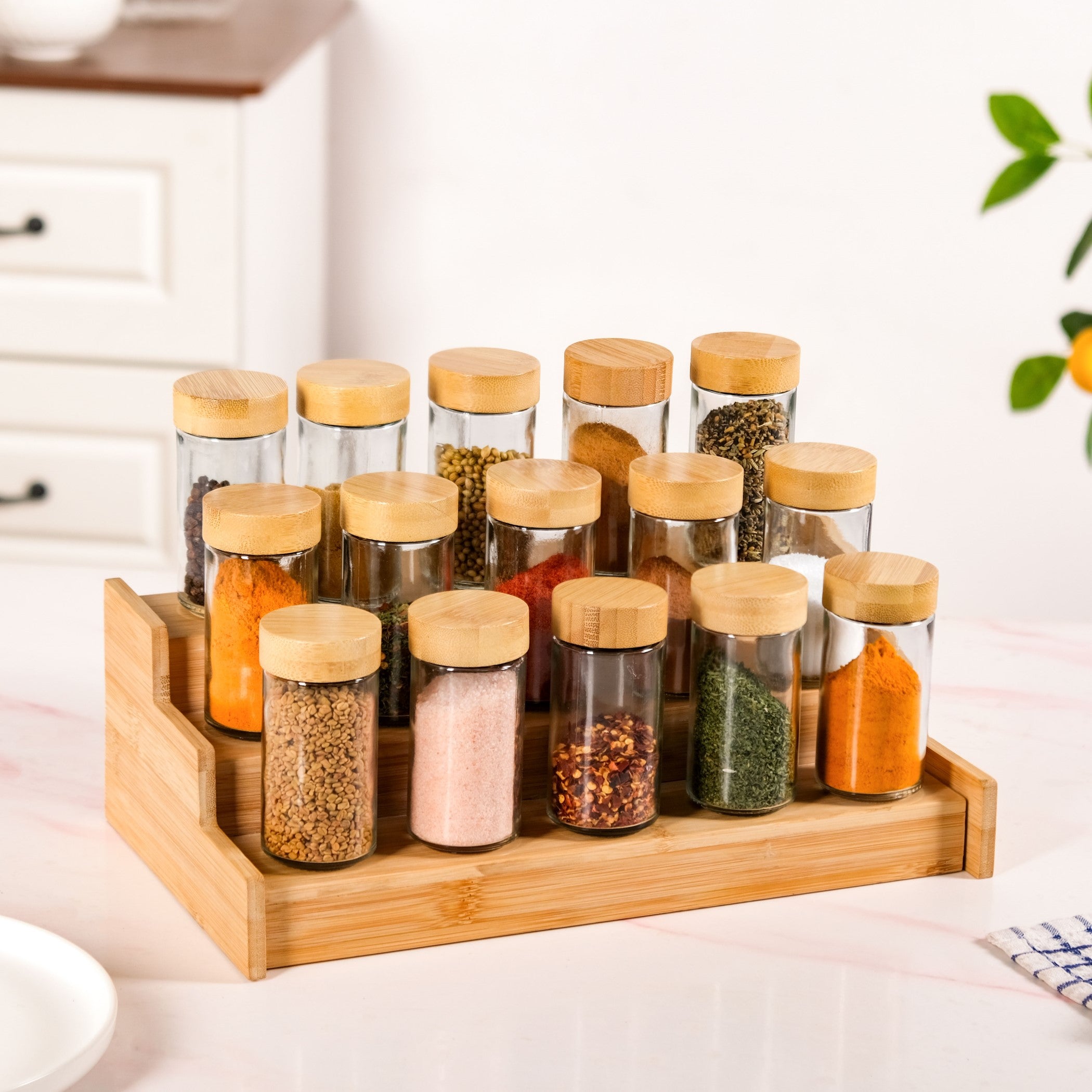 Airtight Spice Jars Set Of 21 With Expandable Wooden Kitchen Organiser Rack