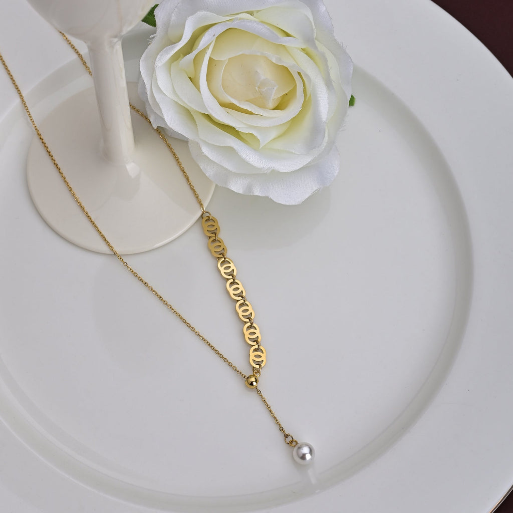 Double Round Geometric Dangling Pearl Necklace