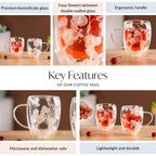 Dried Flowers Inside Double Glass Coffee Mug Set Of 2 350ml