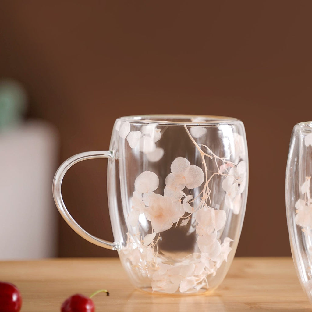 Dried Flowers Inside Double Glass Coffee Mug Set Of 2 350ml