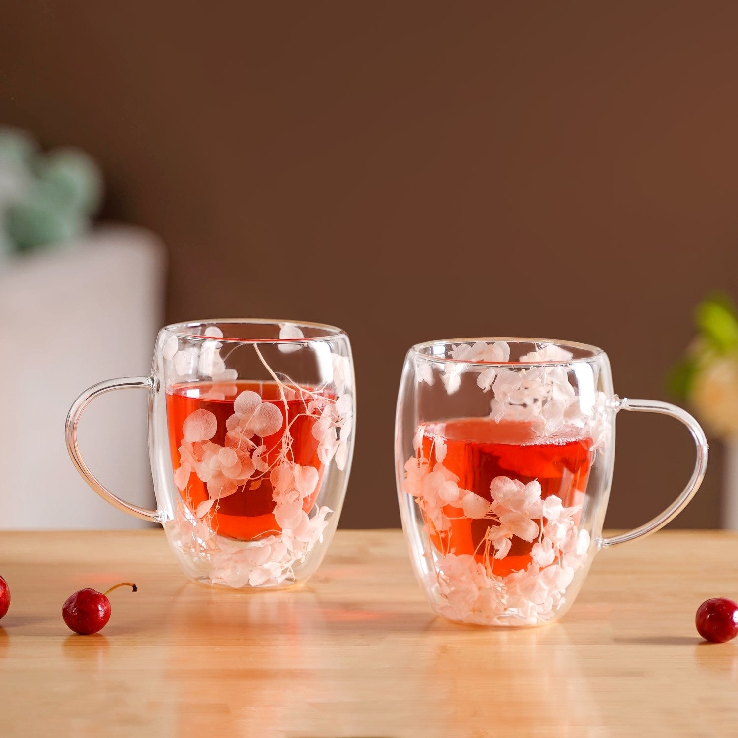 Dried Flowers Inside Double Glass Coffee Mug Set Of 2 350ml