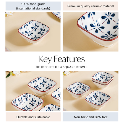 Floral Square Ceramic Bowls Set Of 4 Blue 300ml