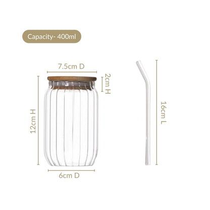 Fluted Glass Tumbler With Straw And Wooden Lid Set Of 2 400ml