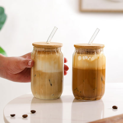 Fluted Glass Tumbler With Straw And Wooden Lid Set Of 2 400ml