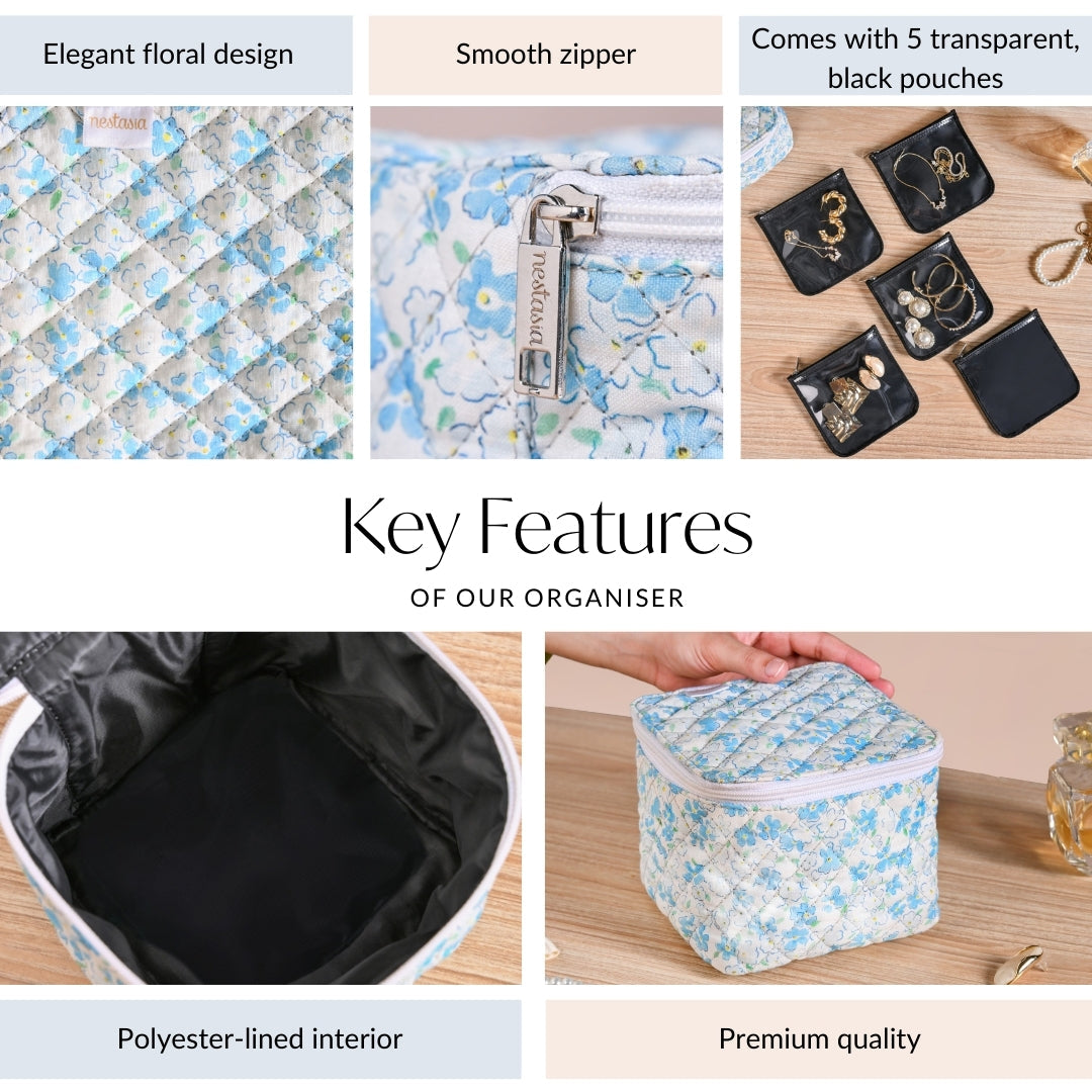 Floral Quilted Jewellery Storage Bag With Pouch Set Of 6 Blue