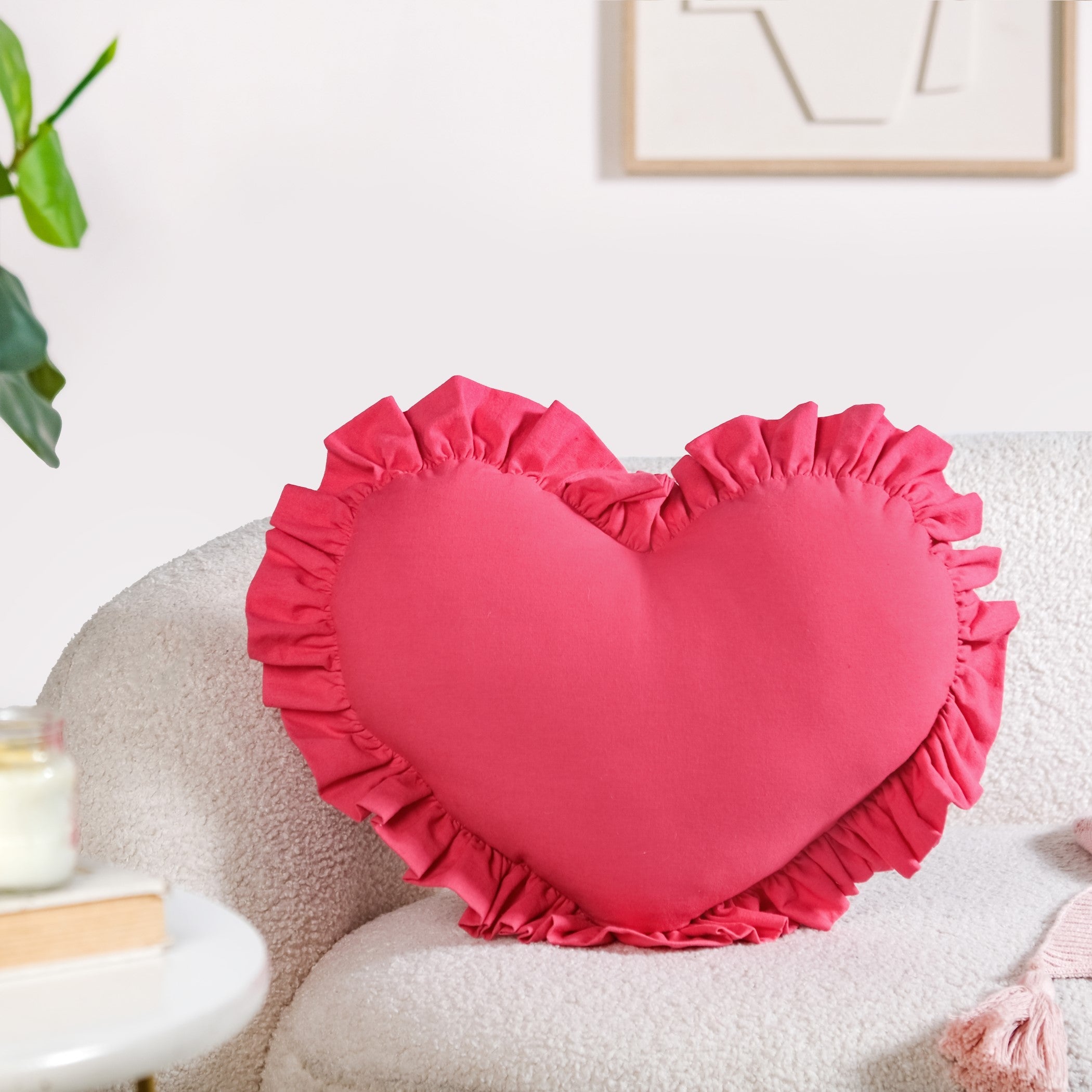 Frilly Heart Cotton Cushion Dark Pink 43x38cm