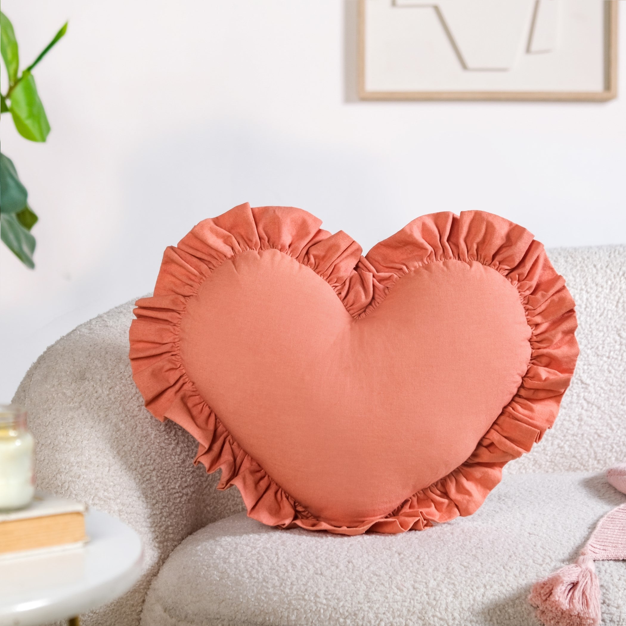 Frilly Heart Cotton Cushion Dusty Pink 43x38cm
