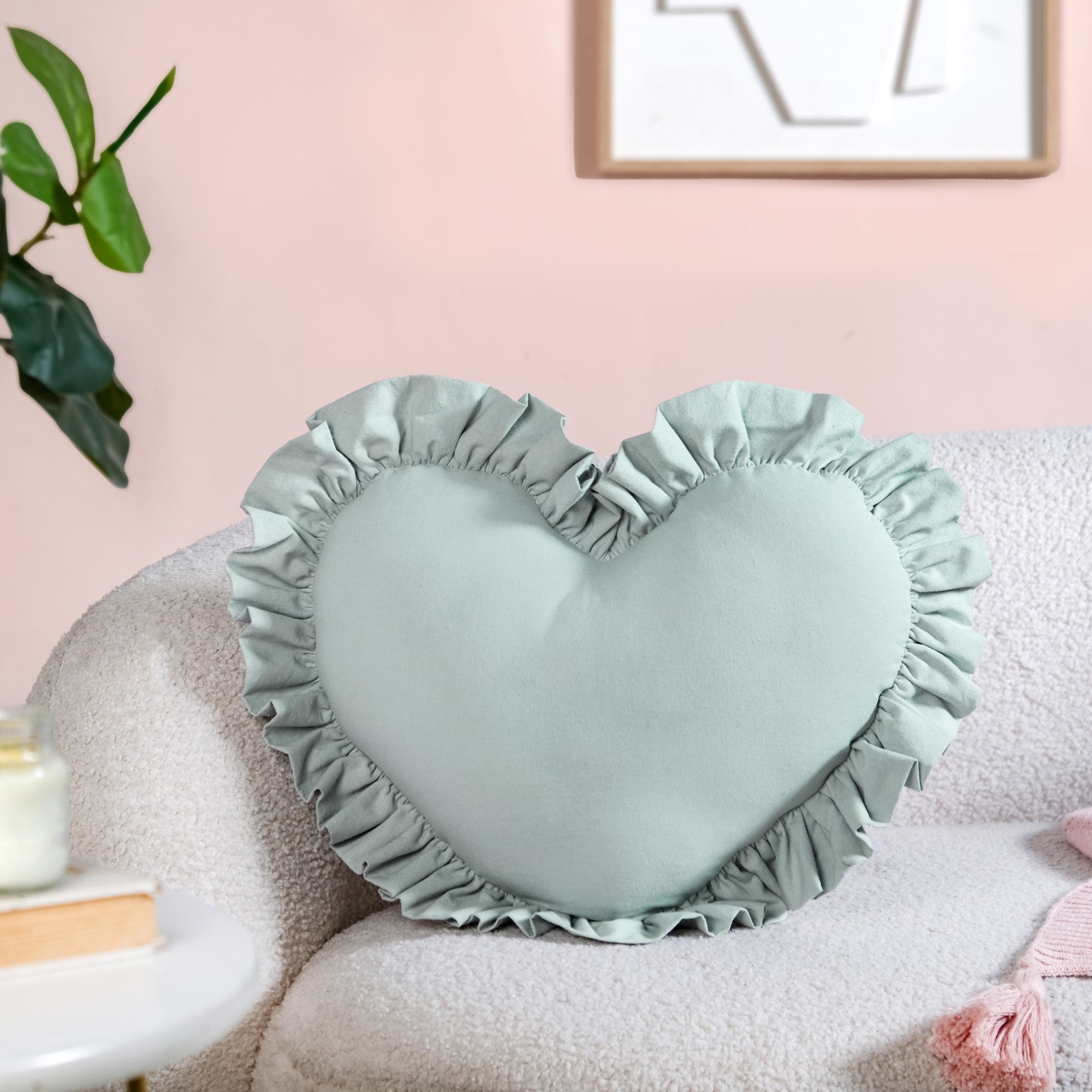 Frilly Heart Cotton Cushion Mint Green 43x38cm