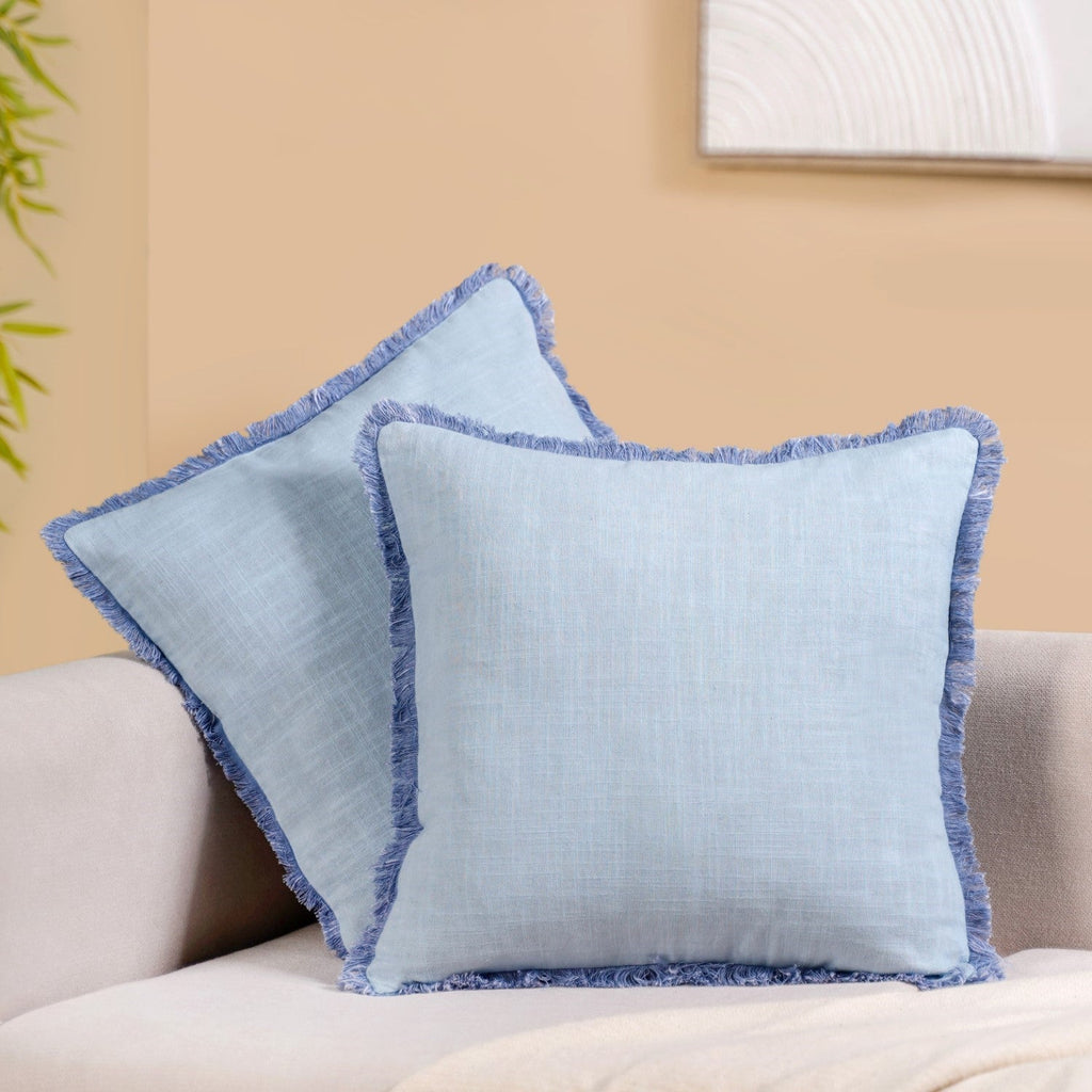 Fringe Cushion Cover Set Of 2 Blue