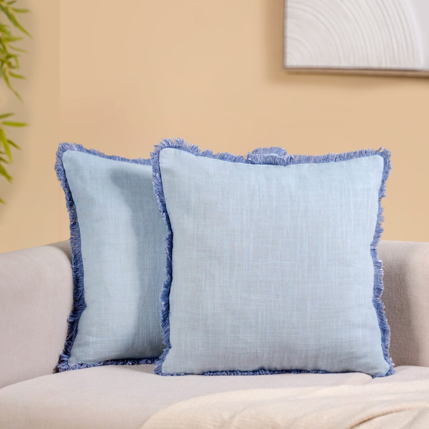 Fringe Cushion Cover Set Of 2 Blue