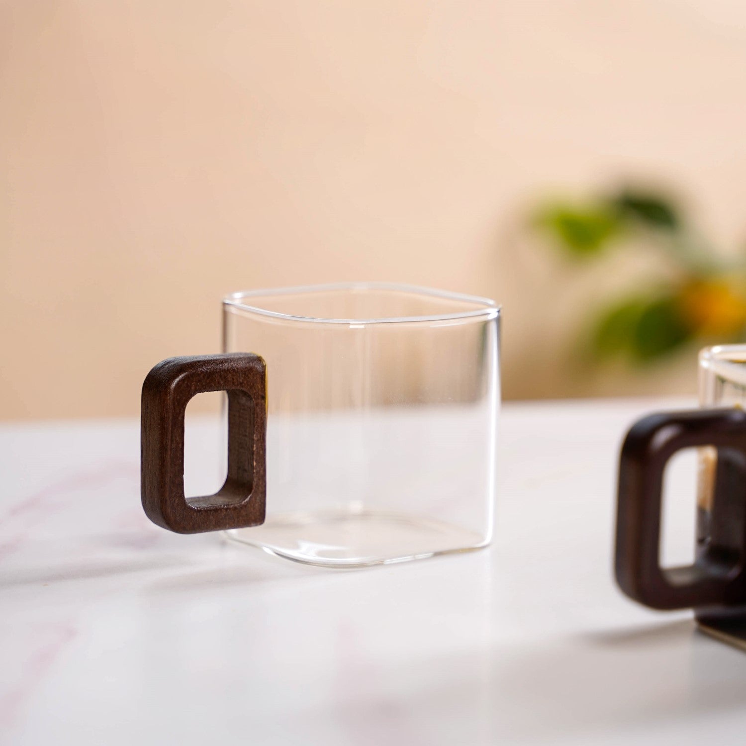 Fusion Square Glass Cups With Wooden Handle Set Of 4 200ml