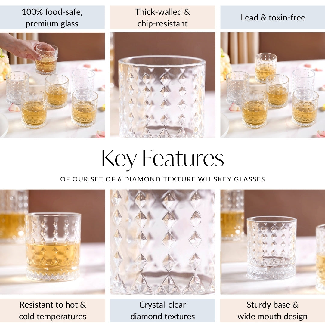 Diamond Embossed Whiskey Glasses Set Of 6 220ml