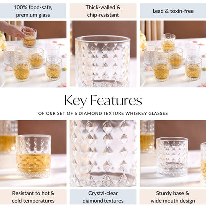 Diamond Embossed Whiskey Glasses Set Of 6 220ml