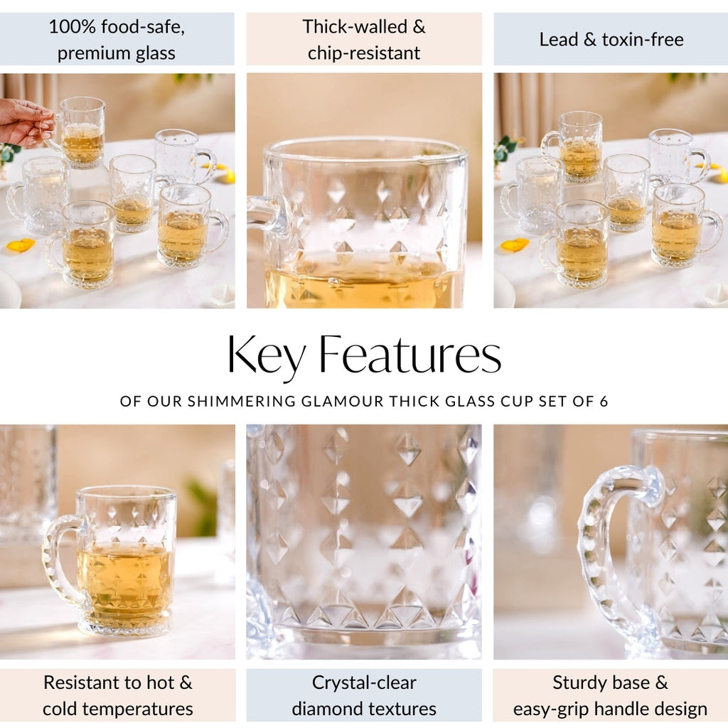 Diamond Embossed Glass Cup Set Of 6 200ml