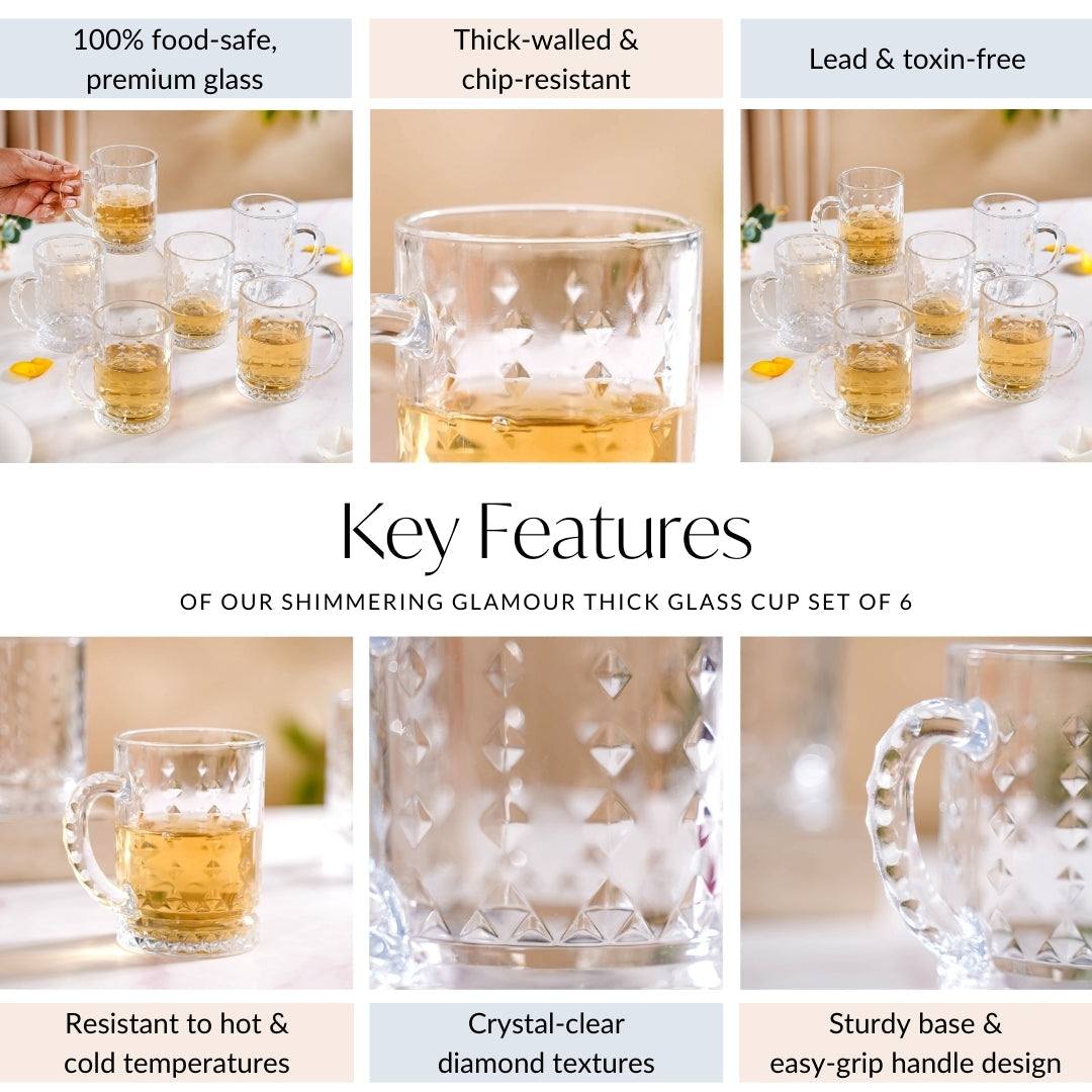 Diamond Embossed Glass Cup Set Of 6 200ml