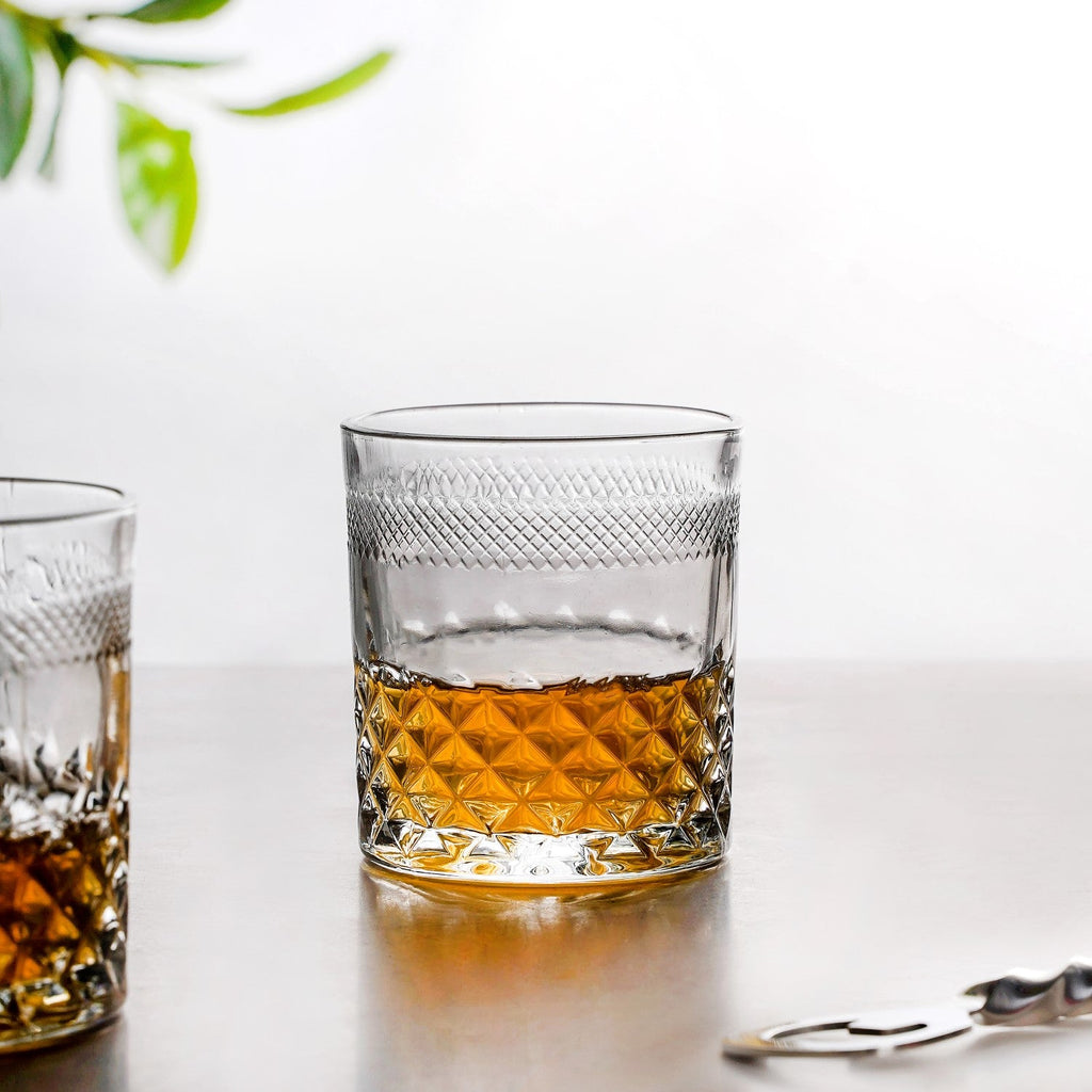 Premium Diamond Embossed Whiskey Tumbler Glass Set Of 6 230ml