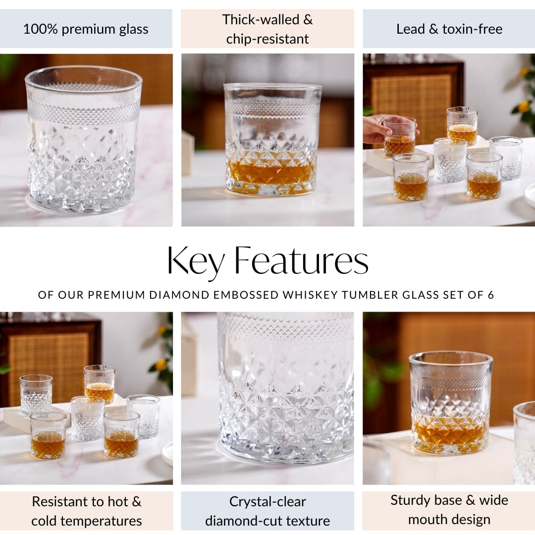 Premium Diamond Embossed Whiskey Tumbler Glass Set Of 6 230ml