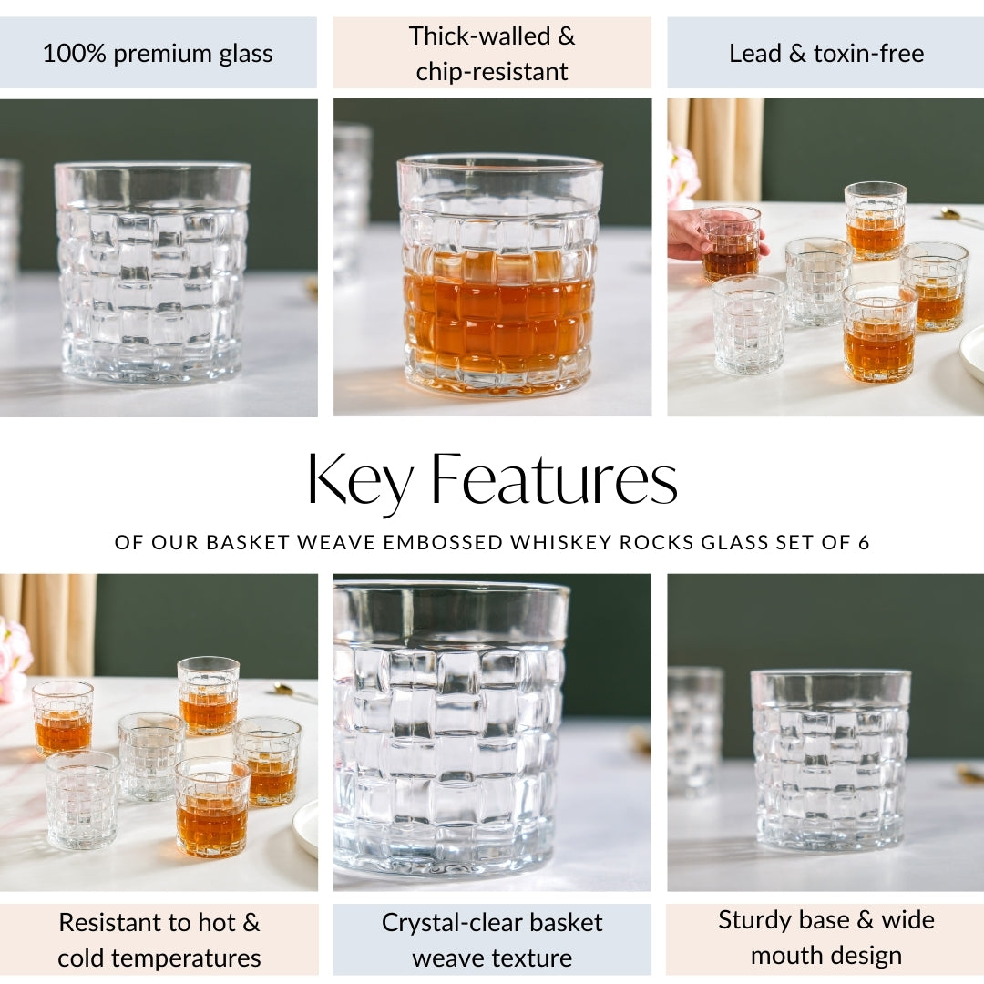 Basket Weave Embossed Whiskey Rocks Glass Set Of 6 230ml