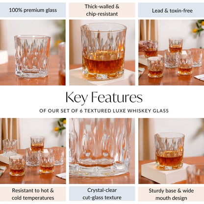 Large Set Of 6 Textured Luxe Whiskey Glass 310ml