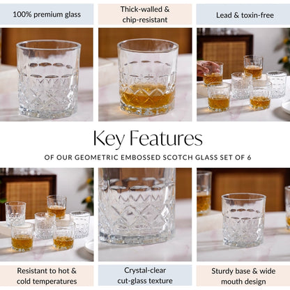 Geometric Embossed Scotch Glass Large Set Of 6 310ml