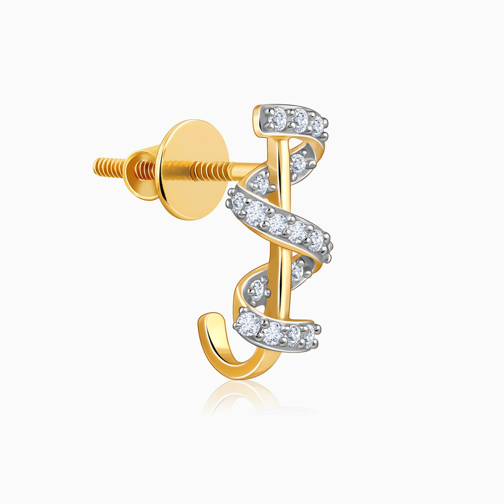 Gold Spiral Flair J Hoop Lab Grown Diamond Earrings