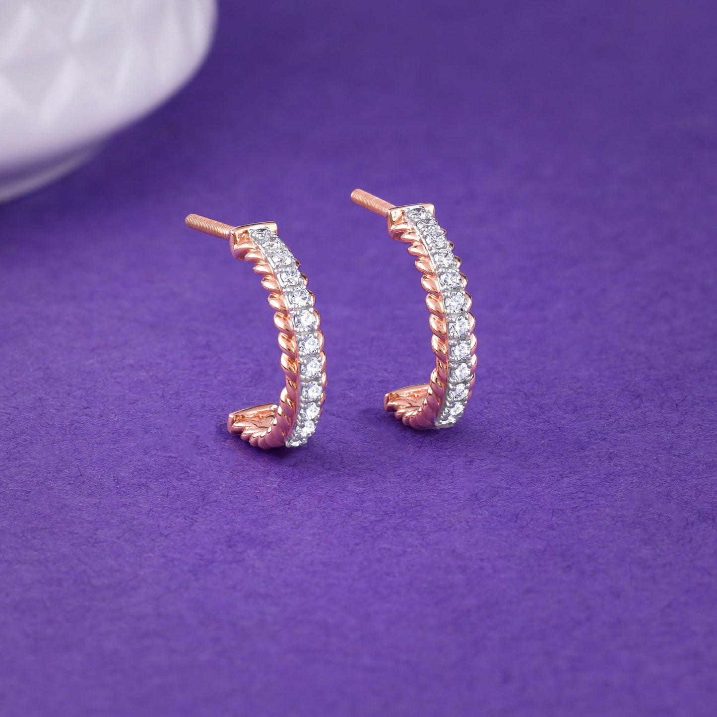 Rose Gold Braided J Hoop Lab Grown Diamond Earrings