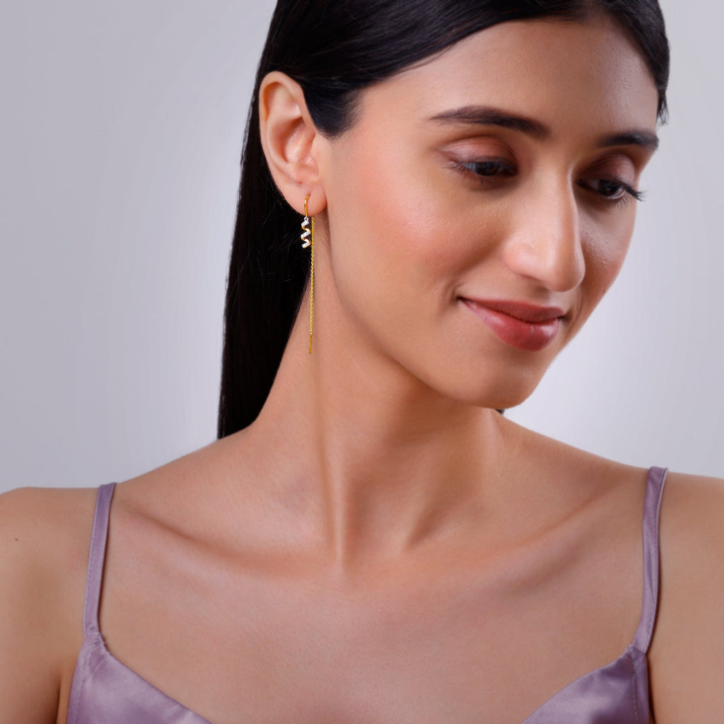 Gold Spiral Cascade Sui Dhaga Laab Grown Diamond Earrings