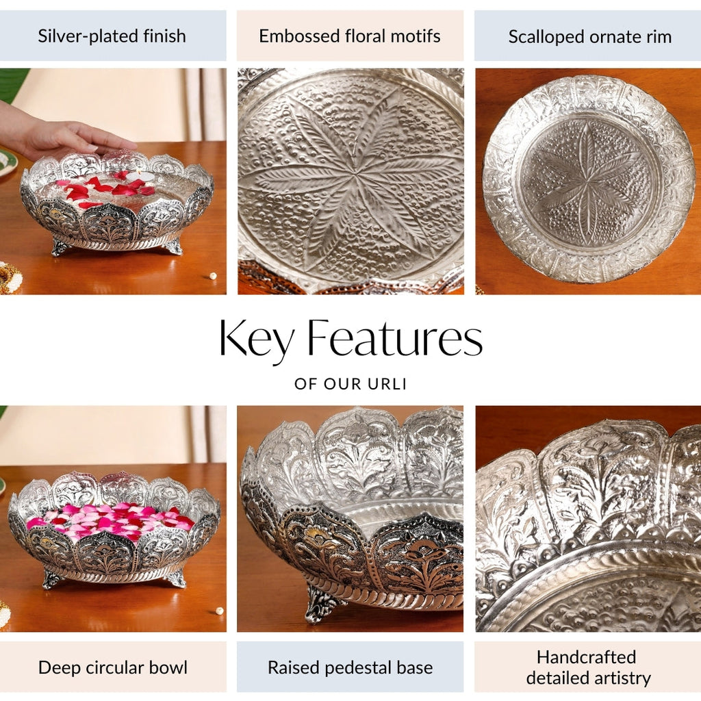 Antique Engraved Pure Brass Urli With Silver Polish 22cm