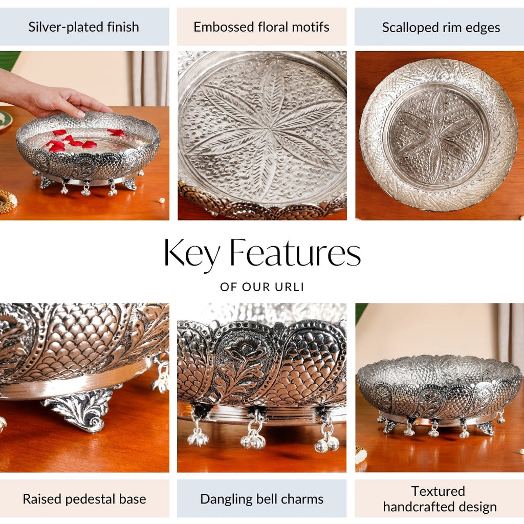 Antique Pure Brass Urli With Silver Polish For Temple 23cm