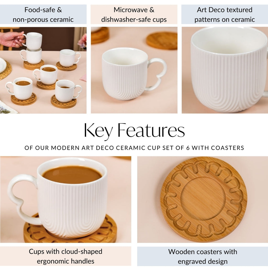 Modern Art Deco Ceramic Cup Set Of 6 With Coasters 200ml
