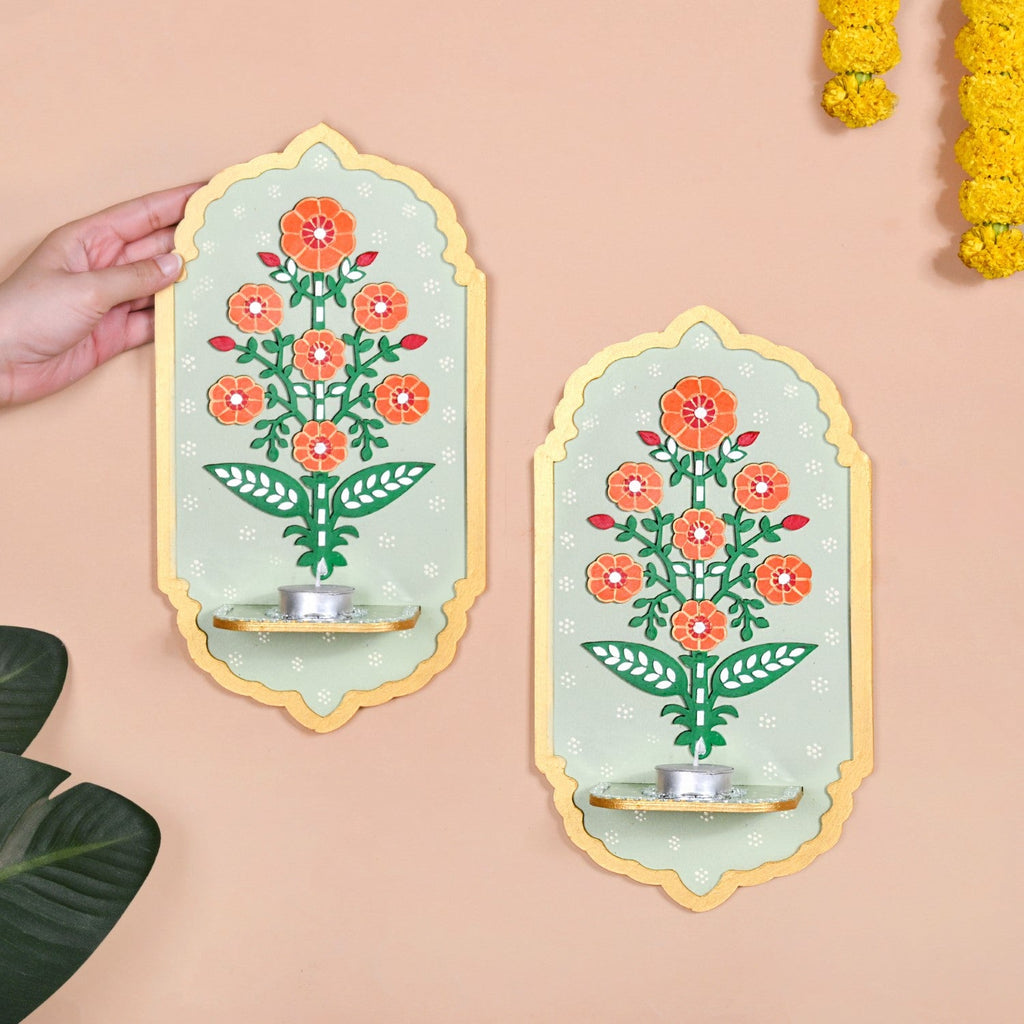 Phool Mirror Work Tealight Candle Holder Lippan Wall Art Set Of 2