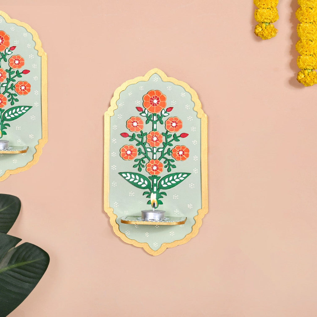 Phool Mirror Work Tealight Candle Holder Lippan Wall Art Set Of 2