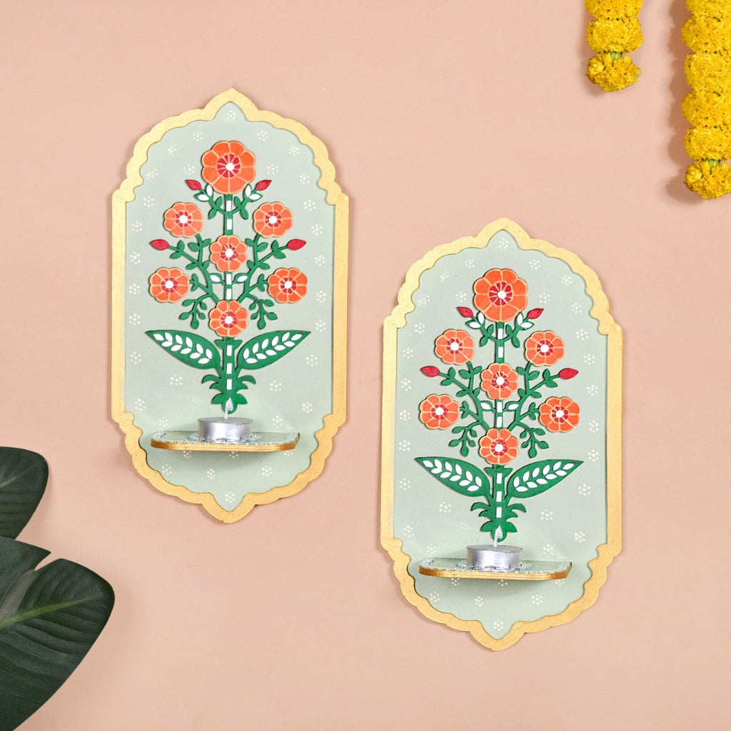 Phool Mirror Work Tealight Candle Holder Lippan Wall Art Set Of 2