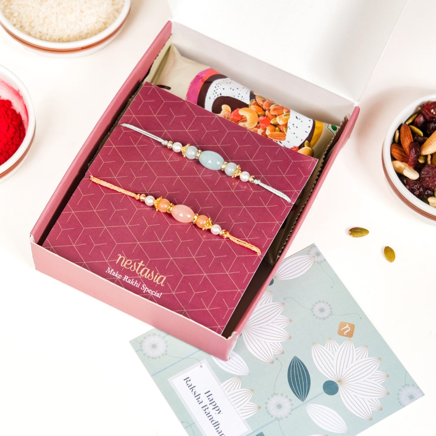 Beaded Two Rakhis Gift Set Of 4 With Box And Card