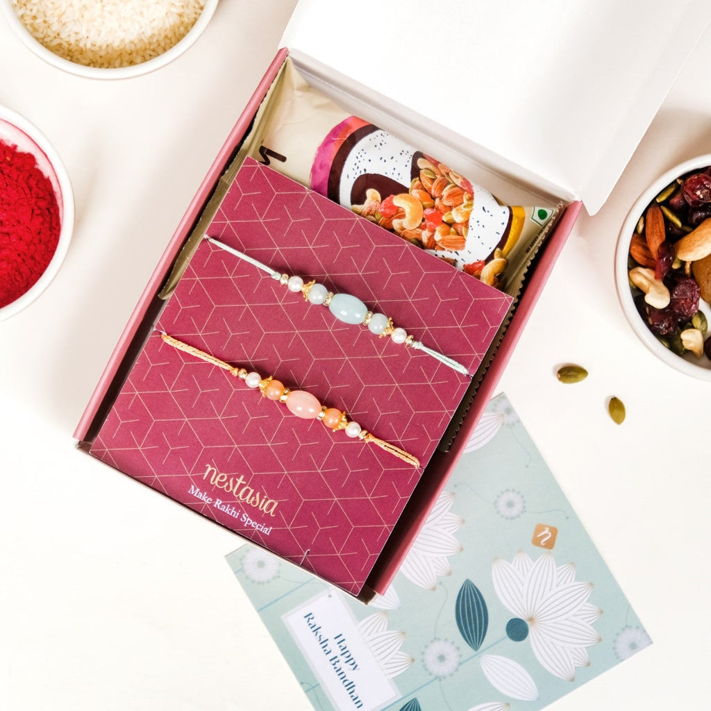 Beaded Two Rakhis Gift Set Of 4 With Box And Card