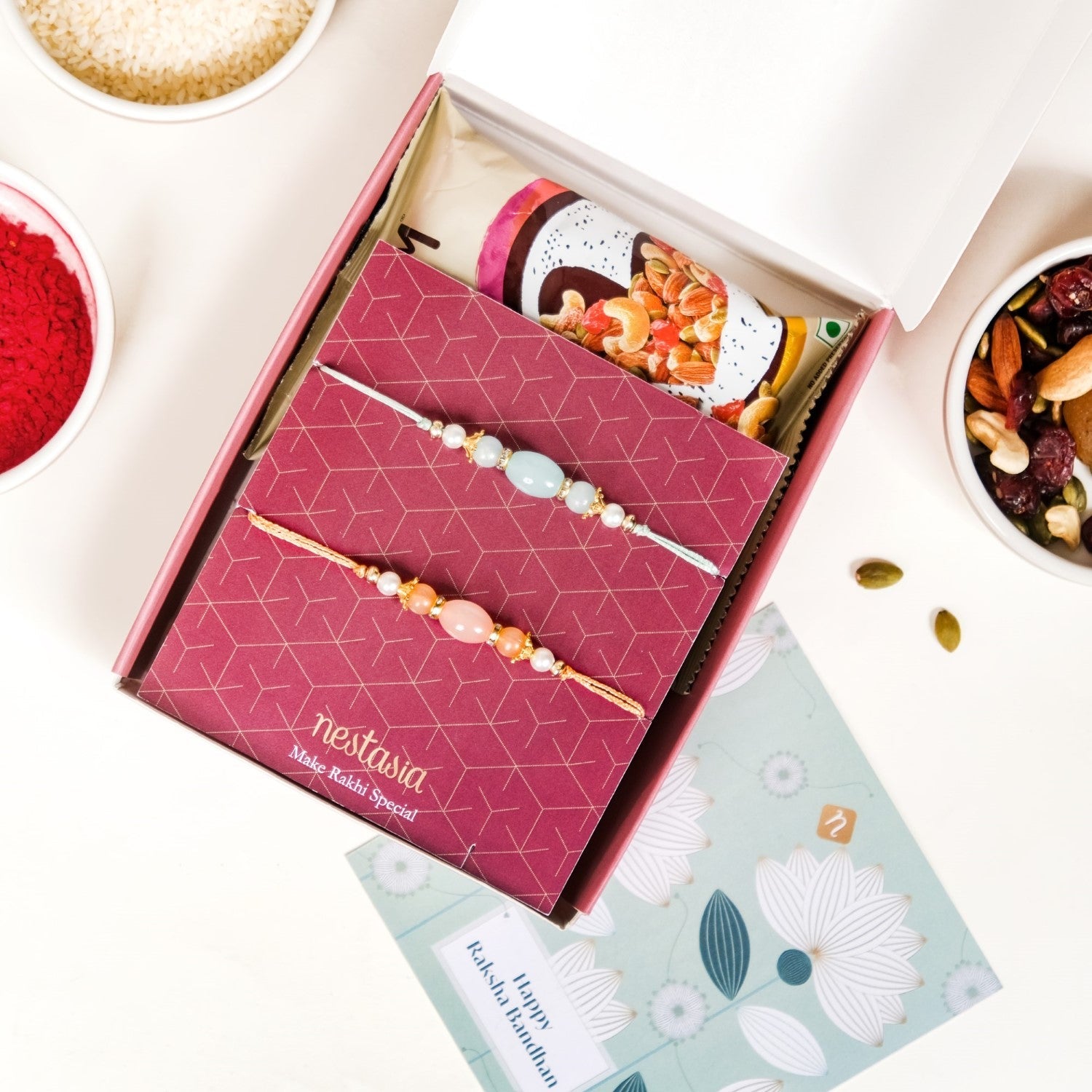 Beaded Two Rakhis Gift Set Of 4 With Box And Card