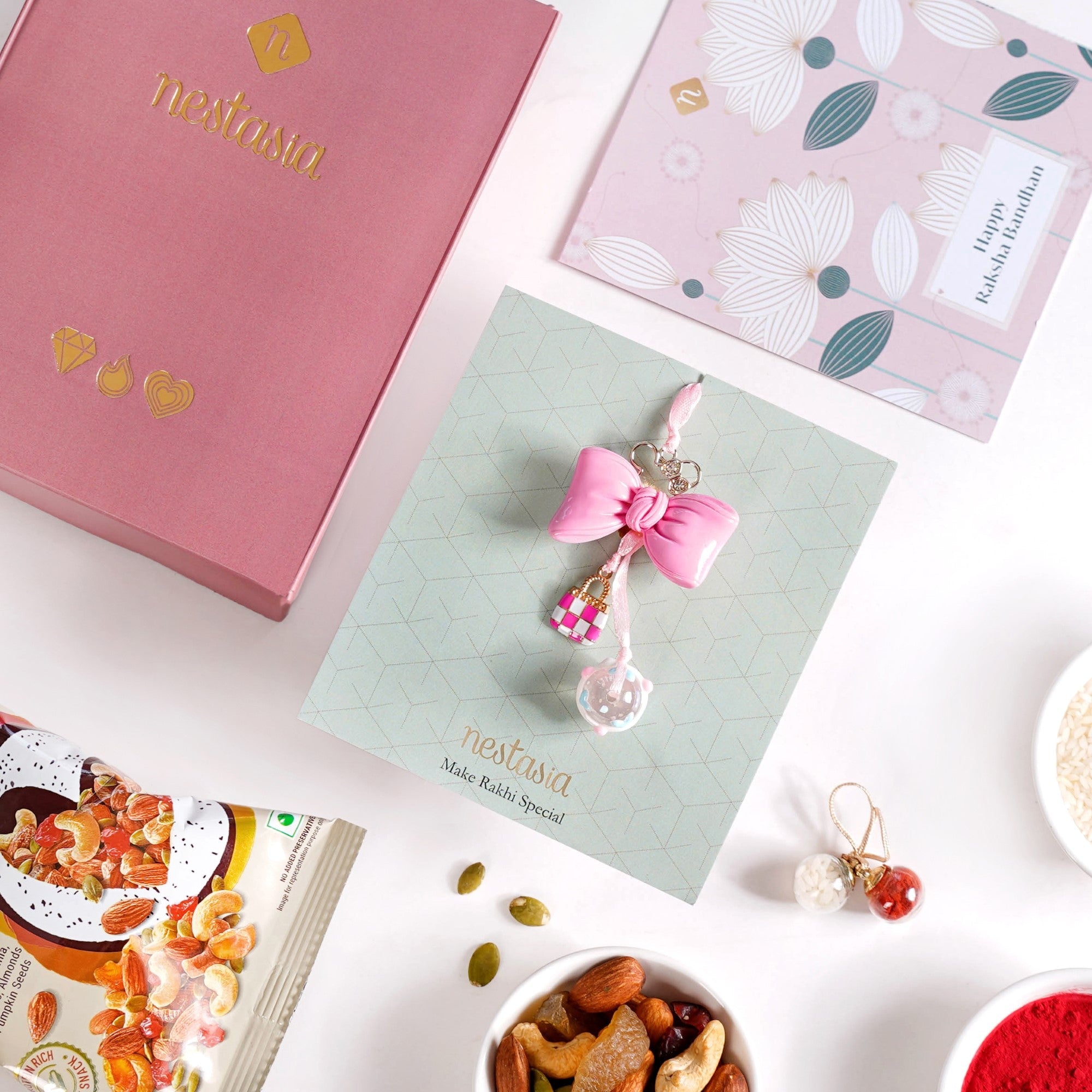 Cute Girl Bow Rakhi Gift Set Of 3 With Box And Card