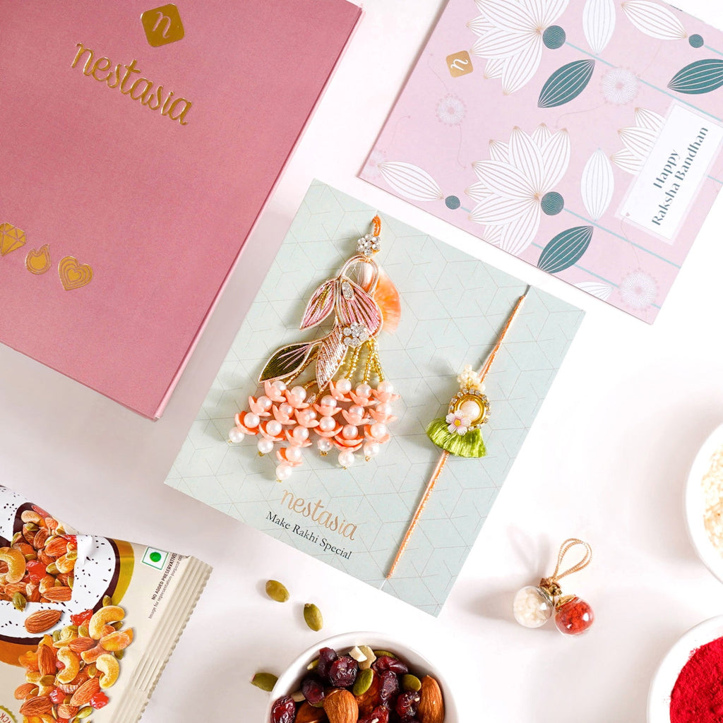 Pearly Peach Rakhi Lumba Hamper Set Of 4 With Gift Box