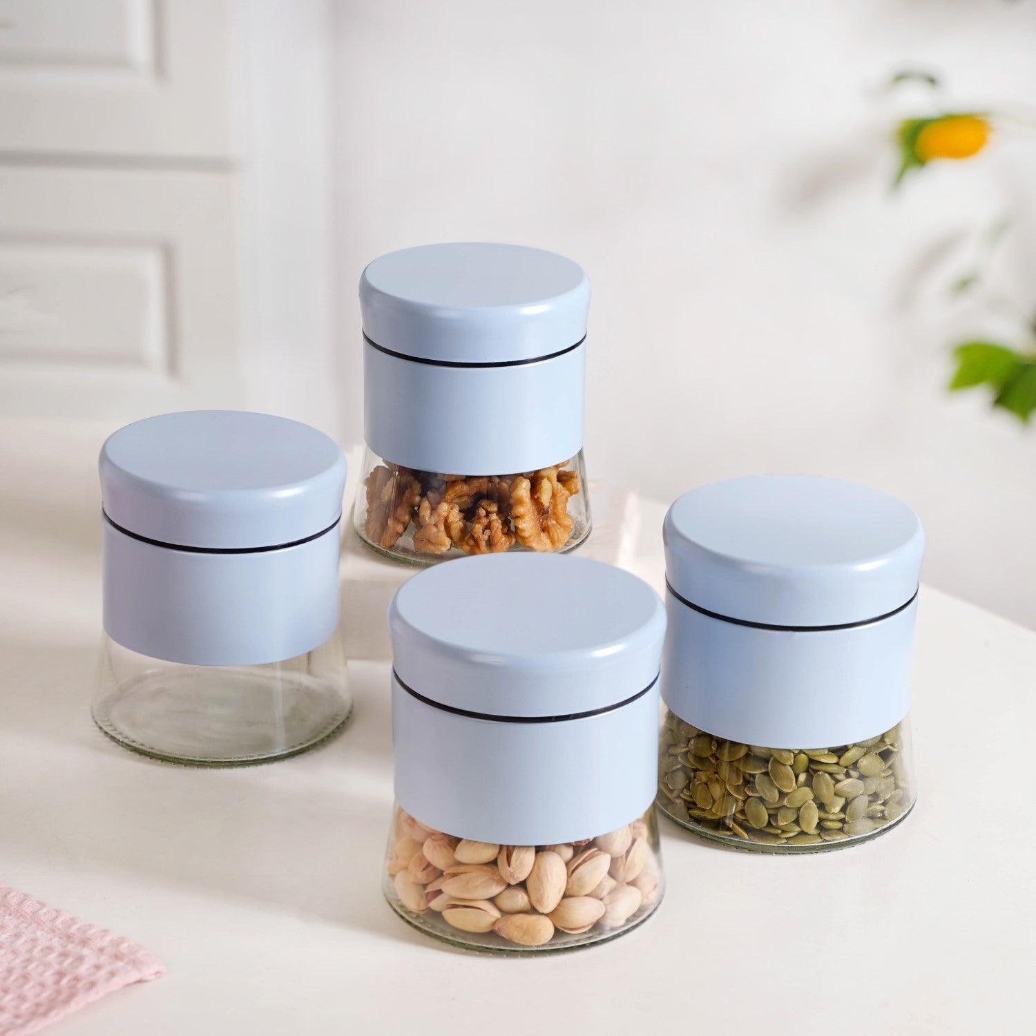 Blue Winnie Glass Jar With Metal Cover Set Of 4 600ml