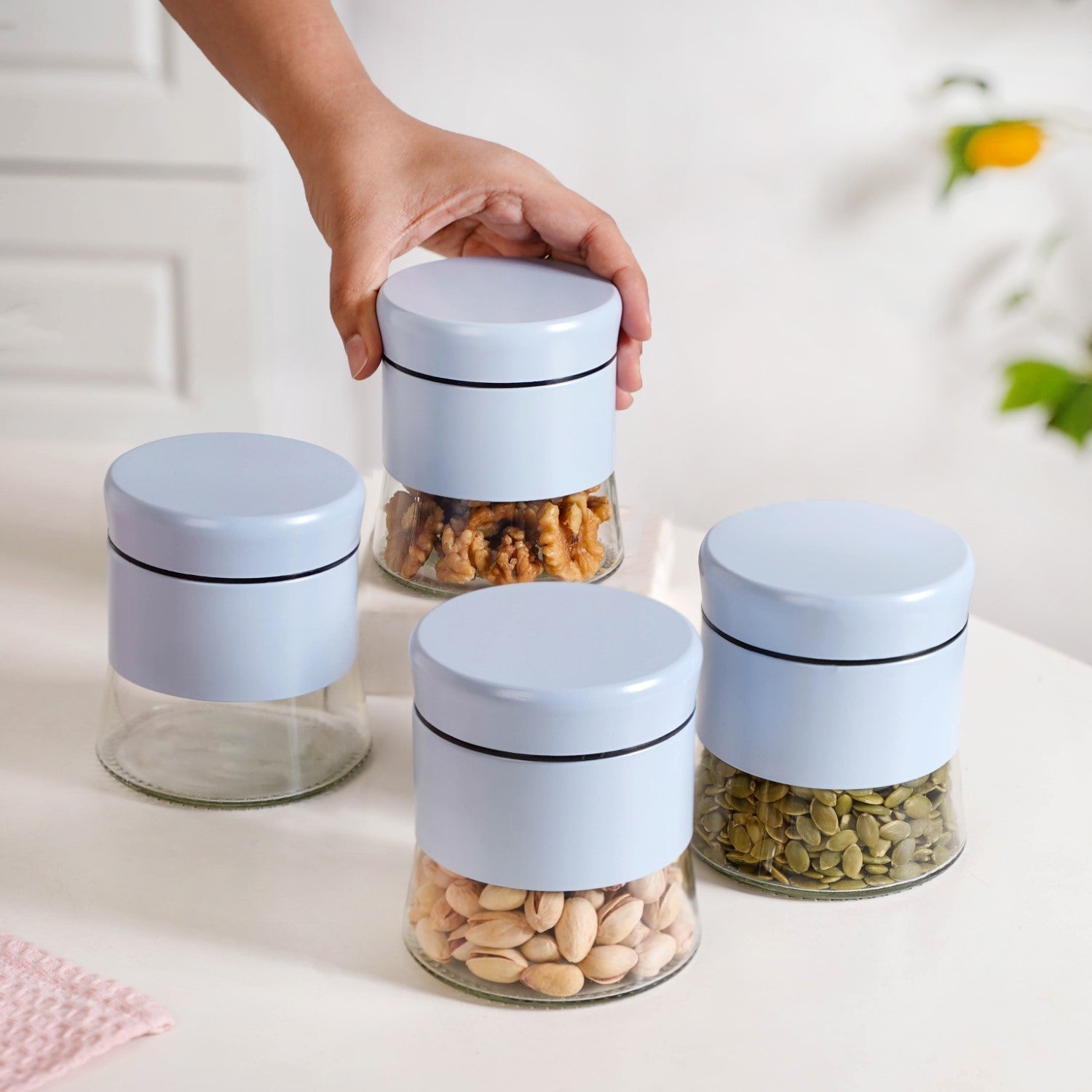 Blue Winnie Glass Jar With Metal Cover Set Of 4 600ml