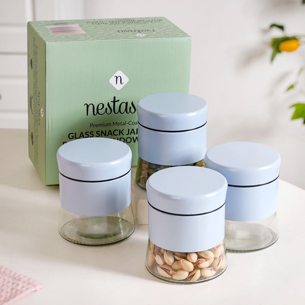 Blue Winnie Glass Jar With Metal Cover Set Of 4 600ml